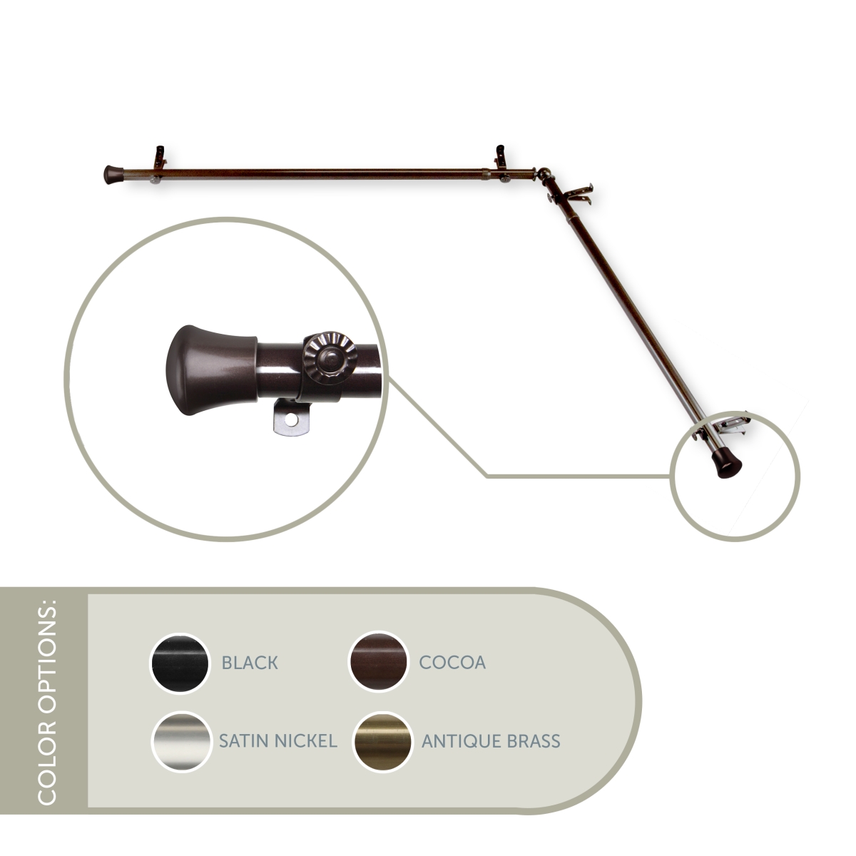 0.8125 in. Single Corner Curtain Rod with 48 to 84 in. Extension on Each Side, Cocoa