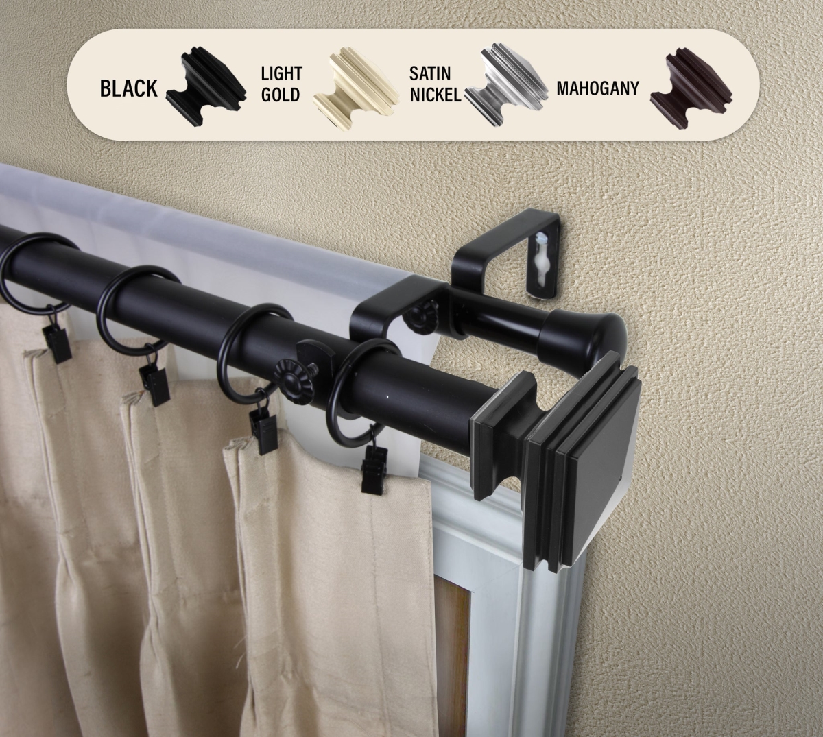 1 in. Wilson Double Curtain Rod, Black - 160-240 in.