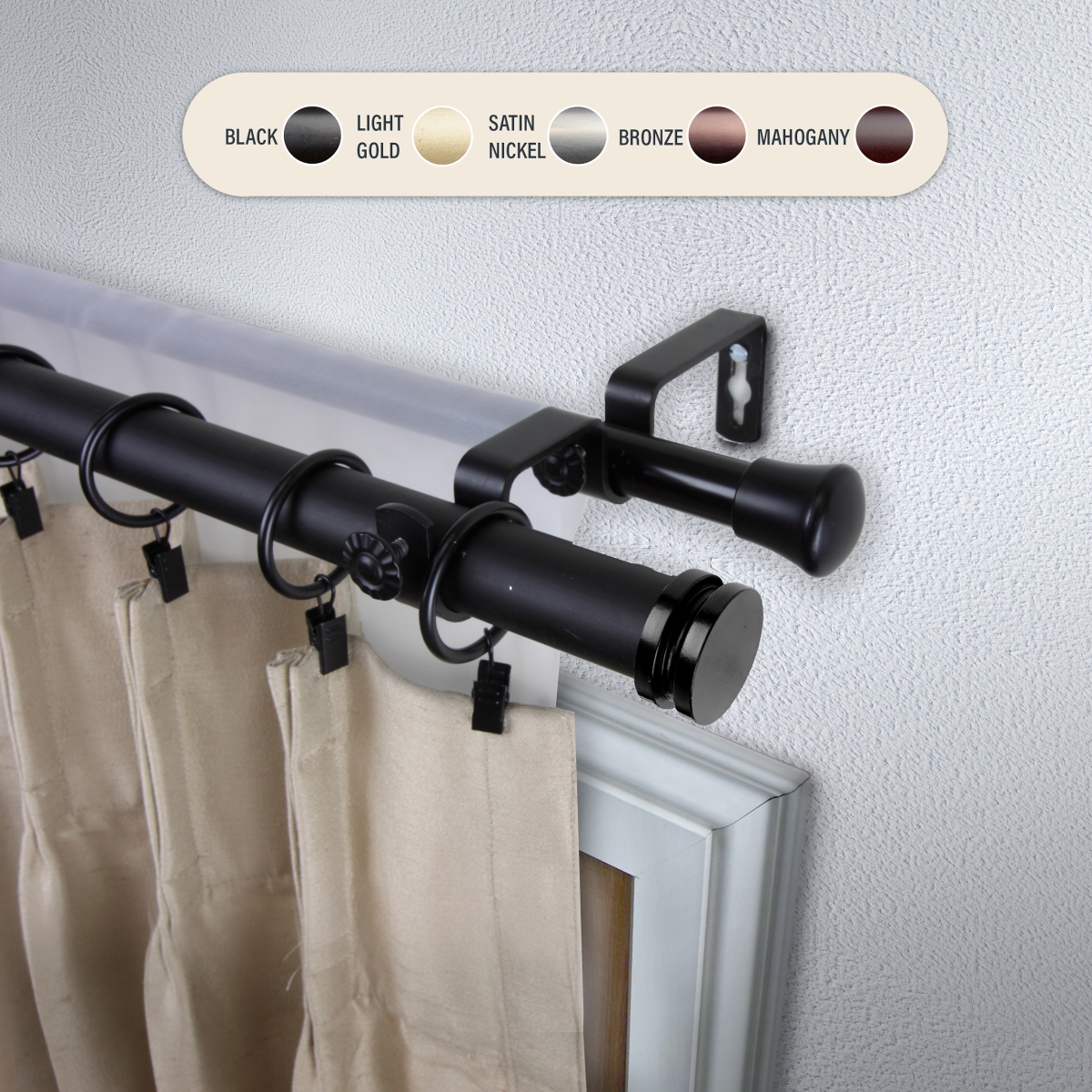 1 in. Cap Double Curtain Rod with 28 to 48 in. Extension, Black