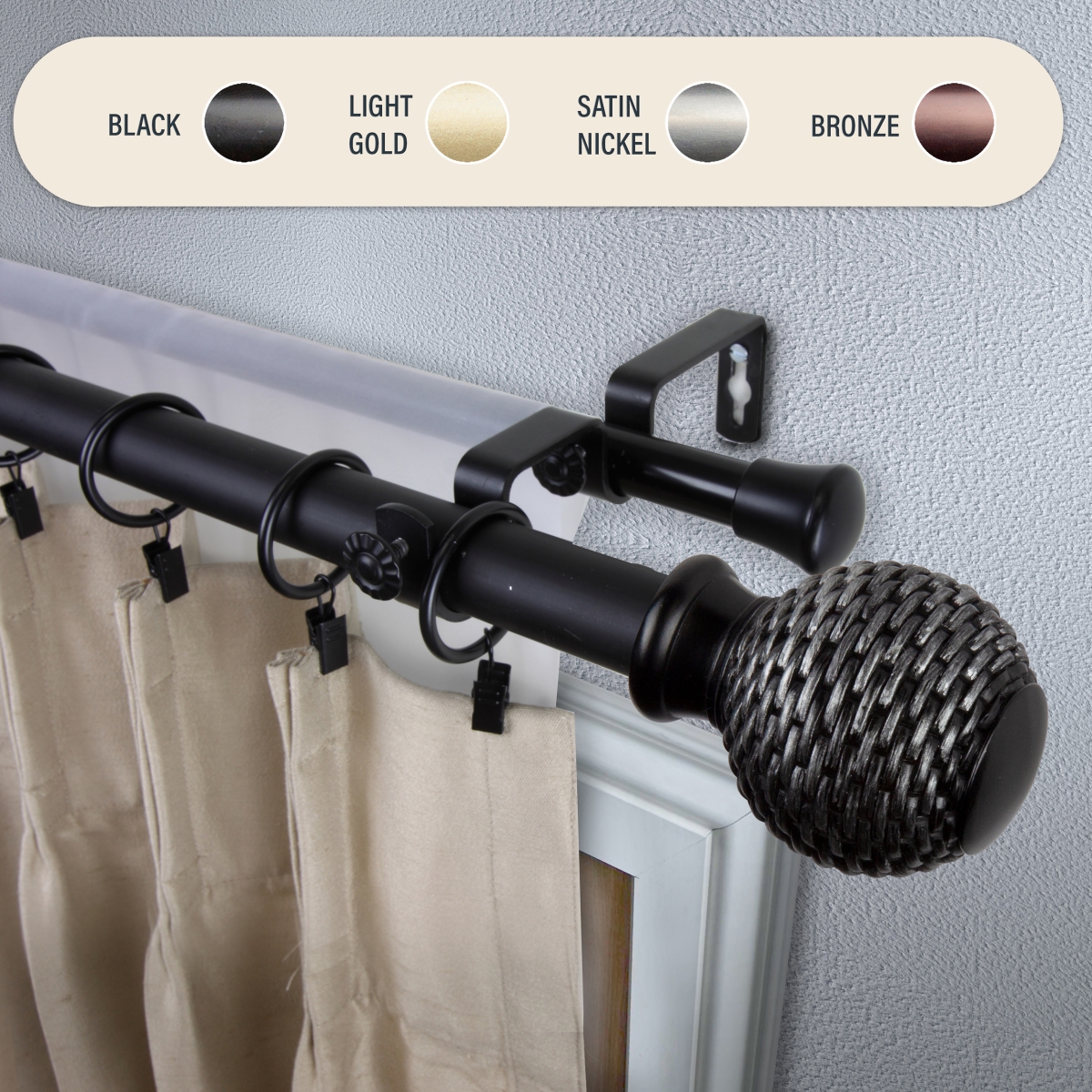 100-76-662-D 1 in. Wicker Double Curtain Rod with 66 to 120 in. Extension, Black