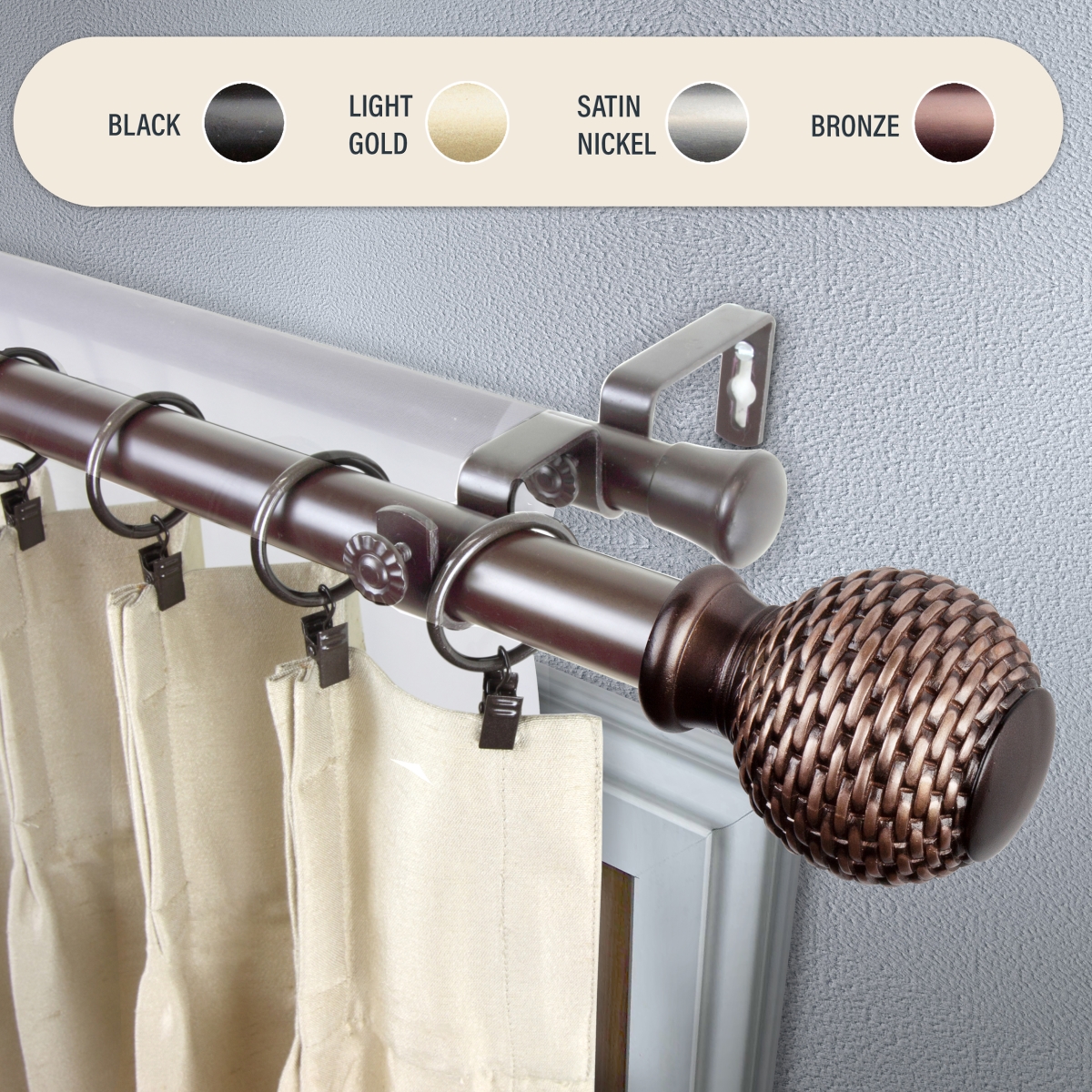 100-76-669-D 1 in. Wicker Double Curtain Rod with 66 to 120 in. Extension, Bronze