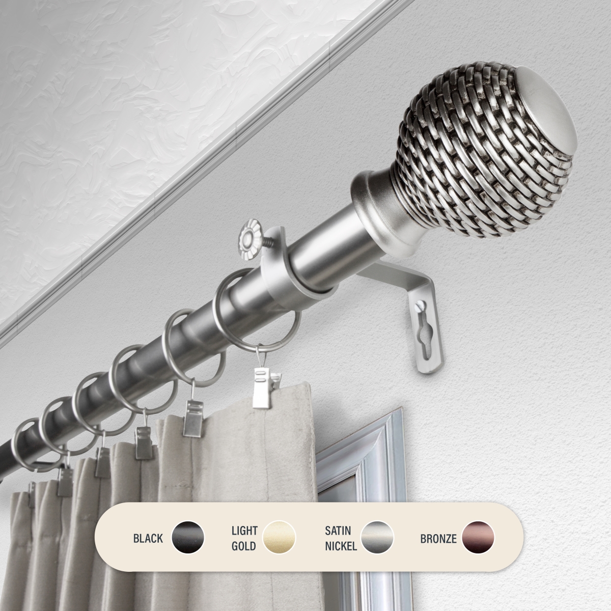 100-76-995 1 in. Wicker Curtain Rod with 120 to 170 in. Extension, Satin Nickel