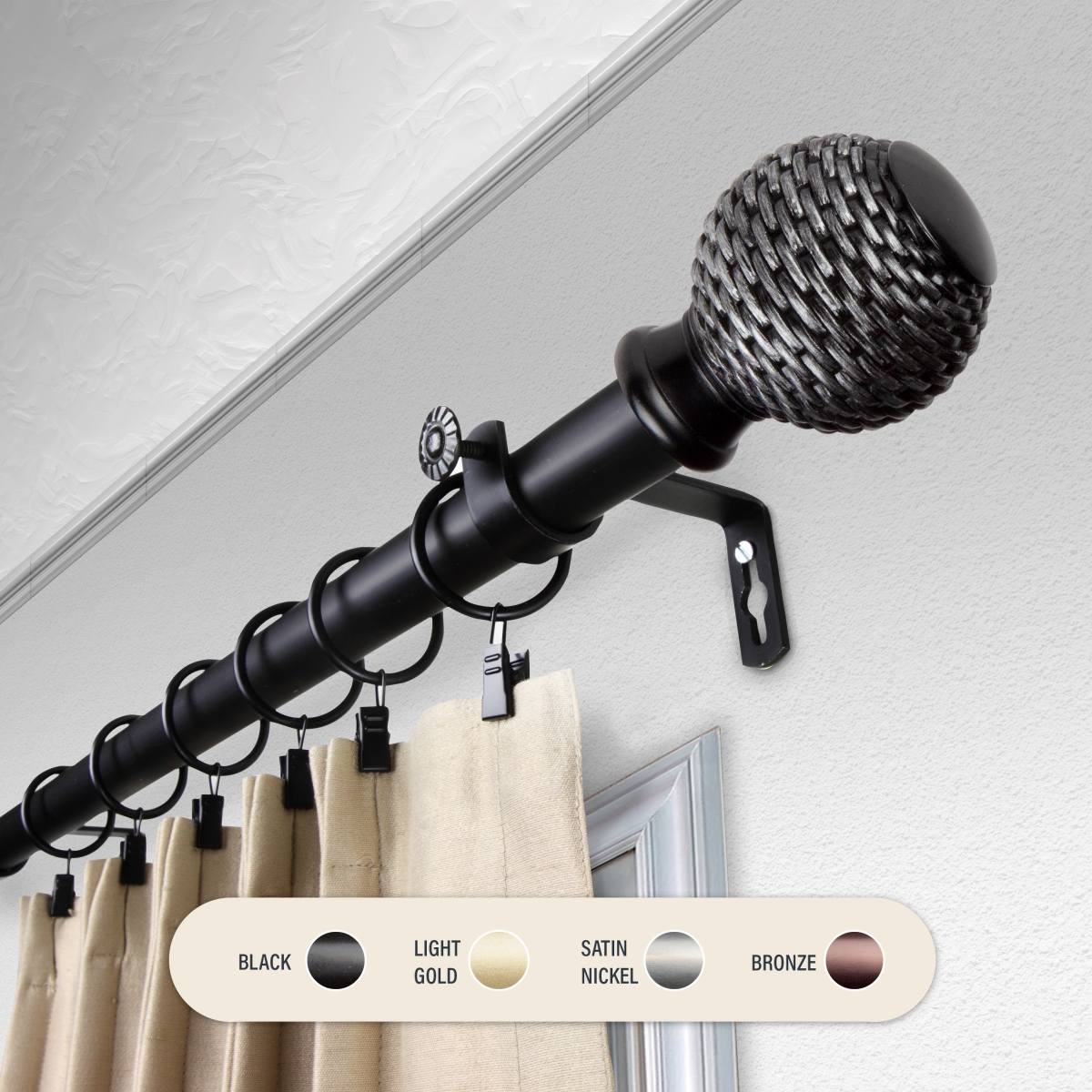 1 in. Wicker Curtain Rod with 28 to 48 in. Extension, Black