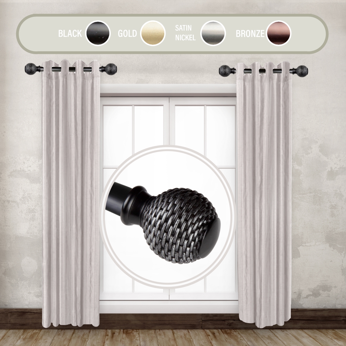 SIDE100-76-2 1 in. Wicker Side Curtain Rod Set for 12 to 20 in. Winodws, Black - Set of 2