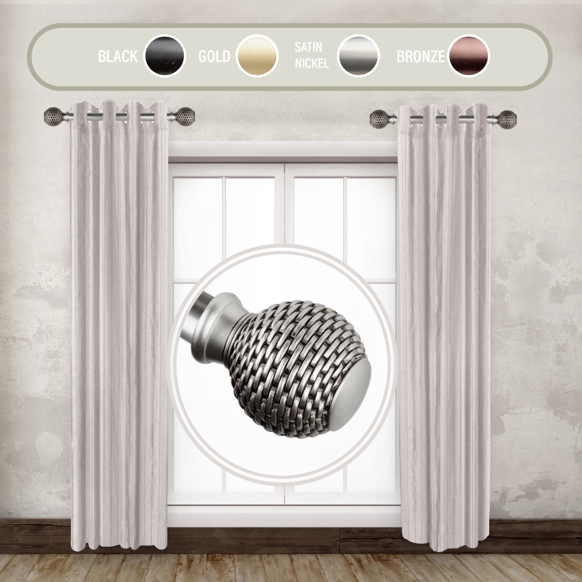 SIDE100-76-5 1 in. Wicker Side Curtain Rod Set for 12 to 20 in. Winodws, Satin Nickel - Set of 2