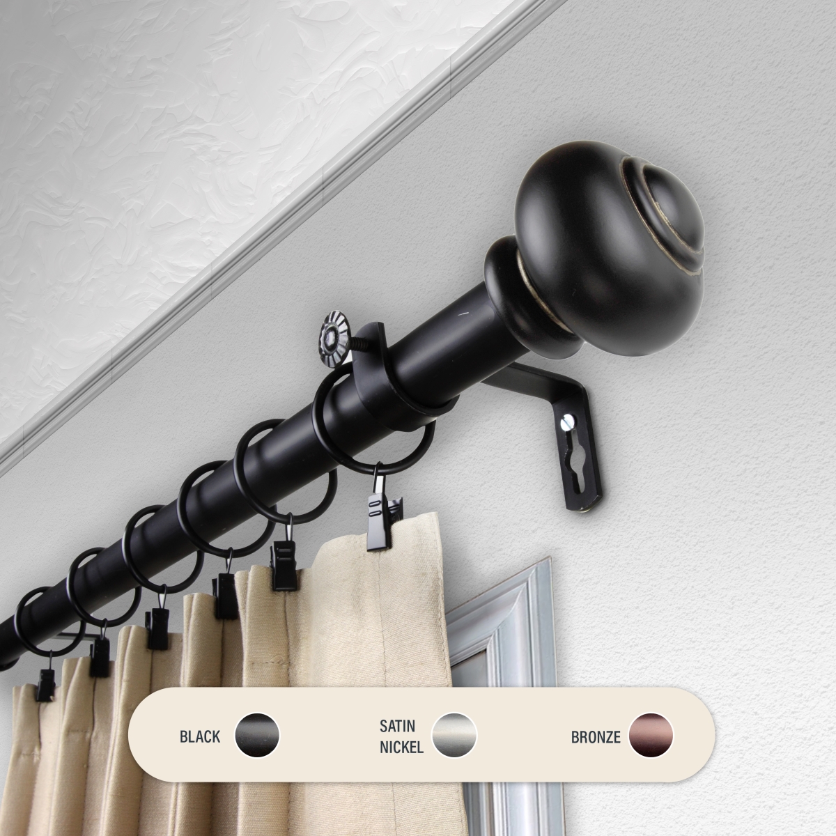 100-34-992 1 in. Dani Curtain Rod with 120 to 170 in. Extension, Black