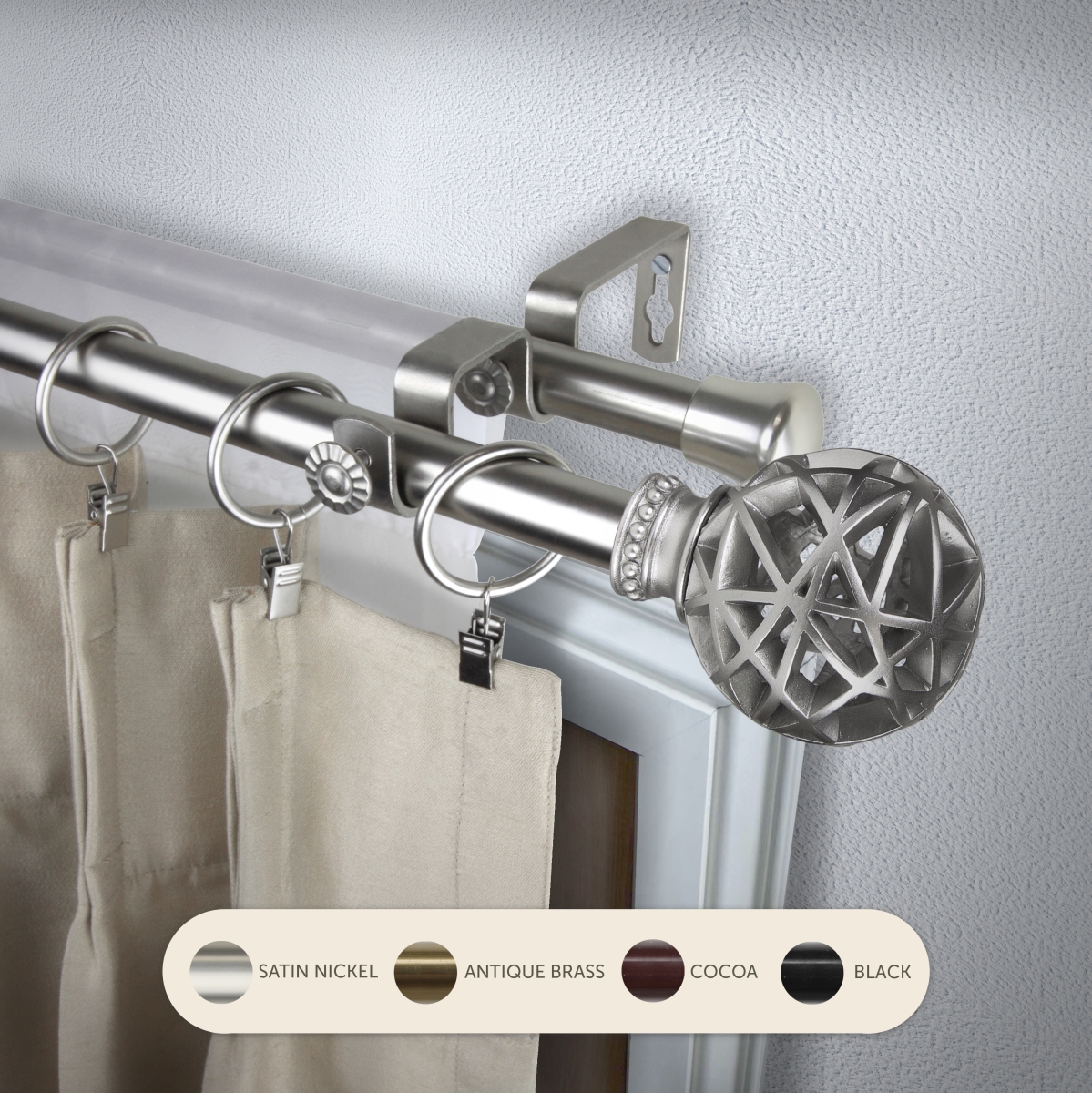 4788-285 0.8125 in. Arabella Double Curtain Rod with 28 to 48 in. Extension, Satin Nickel -  Central Design