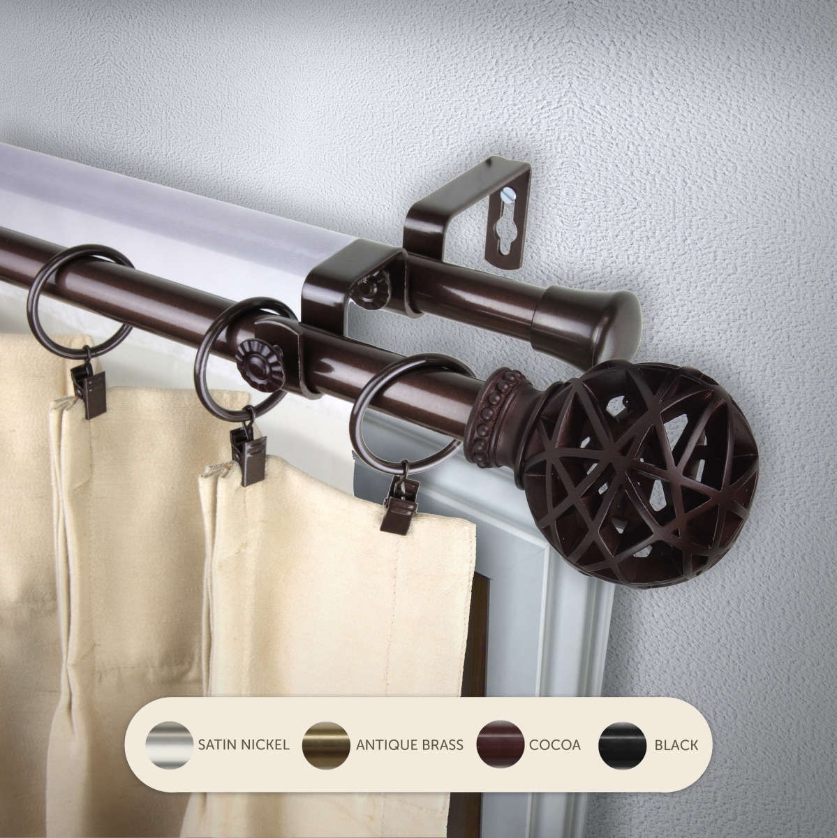 0.8125 in. Arabella Double Curtain Rod with 28 to 48 in. Extension, Cocoa