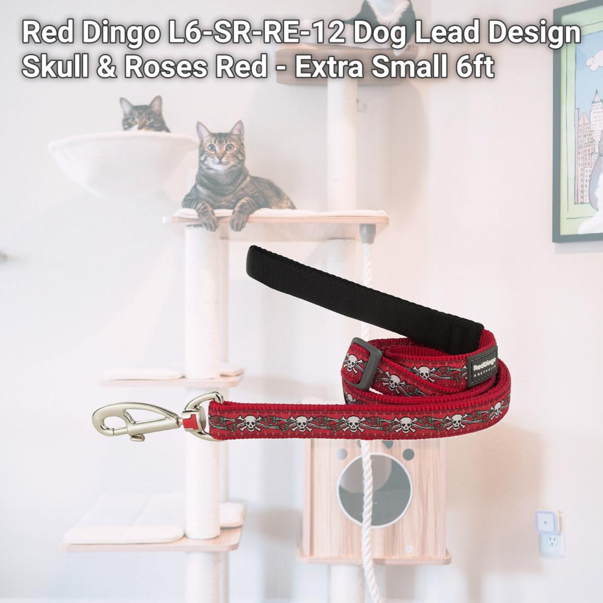 Picture of Red Dingo L6-SR-RE-12 Dog Lead Design Skull & Roses Red - Extra Small 6ft