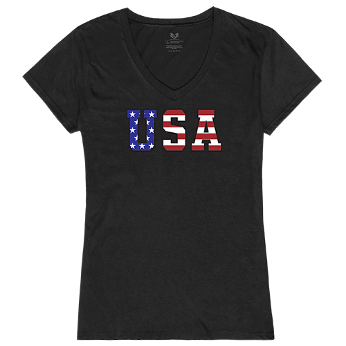 G03-784-BLK-02 Flag Text Graphic V-Neck T-Shirt, Black - Medium