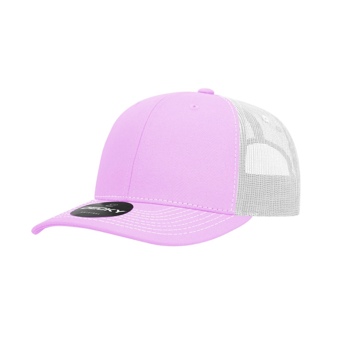6031-4PNKWHT 6 Panel Mid Profile Structured Contra-Stitch Trucker Cap, Pink & White - One Size Fits Most