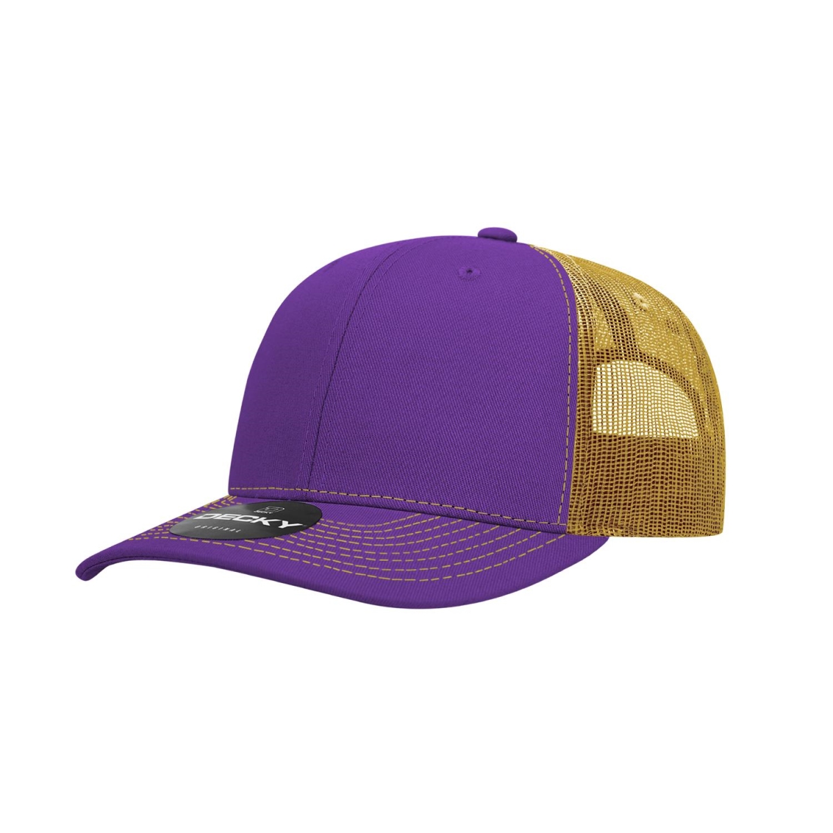 6031-4PURGLD 6 Panel Mid Profile Structured Contra-Stitch Trucker Cap, Purple & Gold - One Size Fits Most