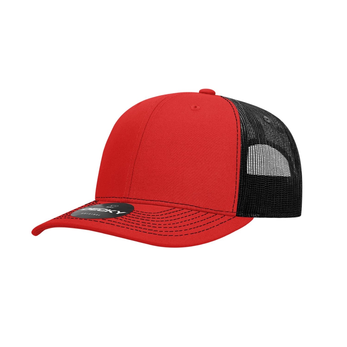 6031-4REDBLK 6 Panel Mid Profile Structured Contra-Stitch Trucker Cap, Red & Black - One Size Fits Most