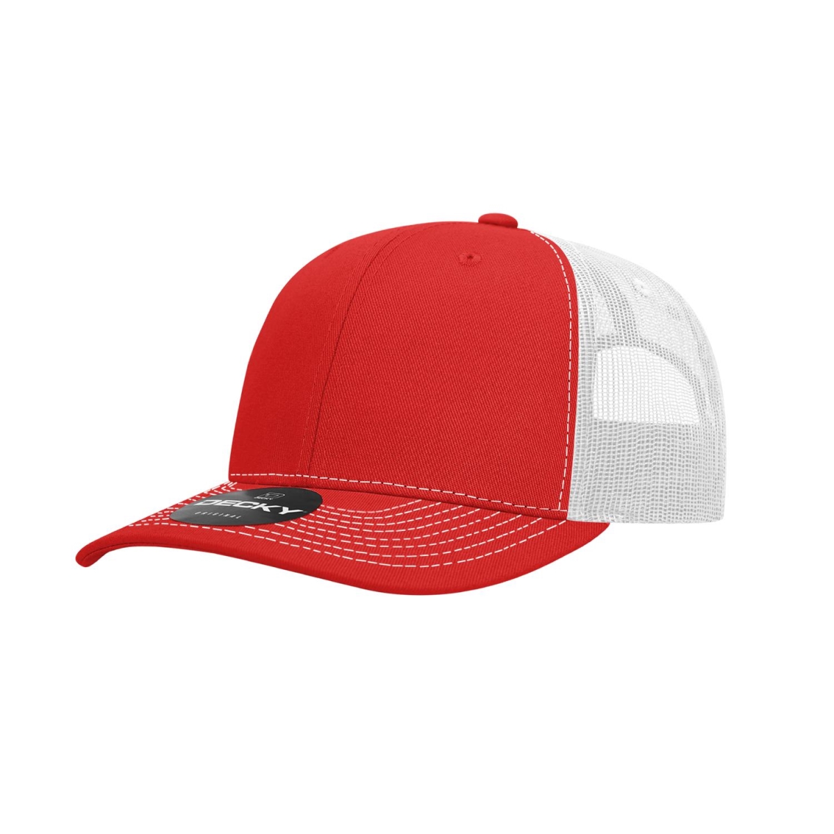 6031-4REDWHT 6 Panel Mid Profile Structured Contra-Stitch Trucker Cap, Red & White - One Size Fits Most