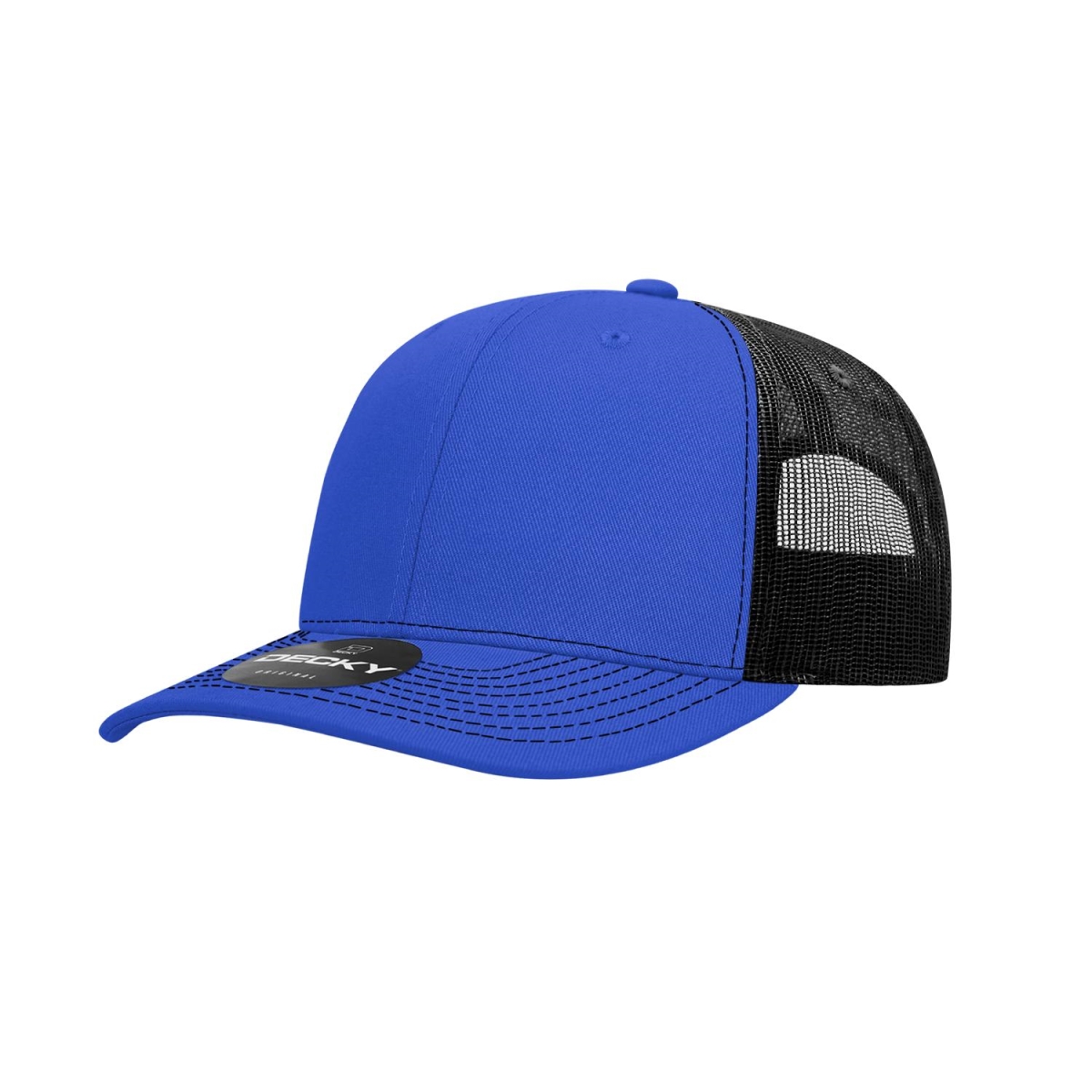 6031-4RYLBLK 6 Panel Mid Profile Structured Contra-Stitch Trucker Cap, Royal & Black - One Size Fits Most