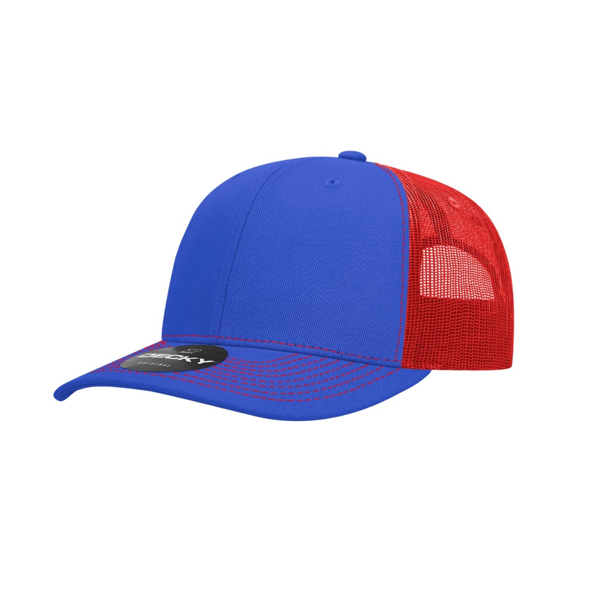 6031-4RYLRED 6 Panel Mid Profile Structured Contra-Stitch Trucker Cap, Royal & Red - One Size Fits Most