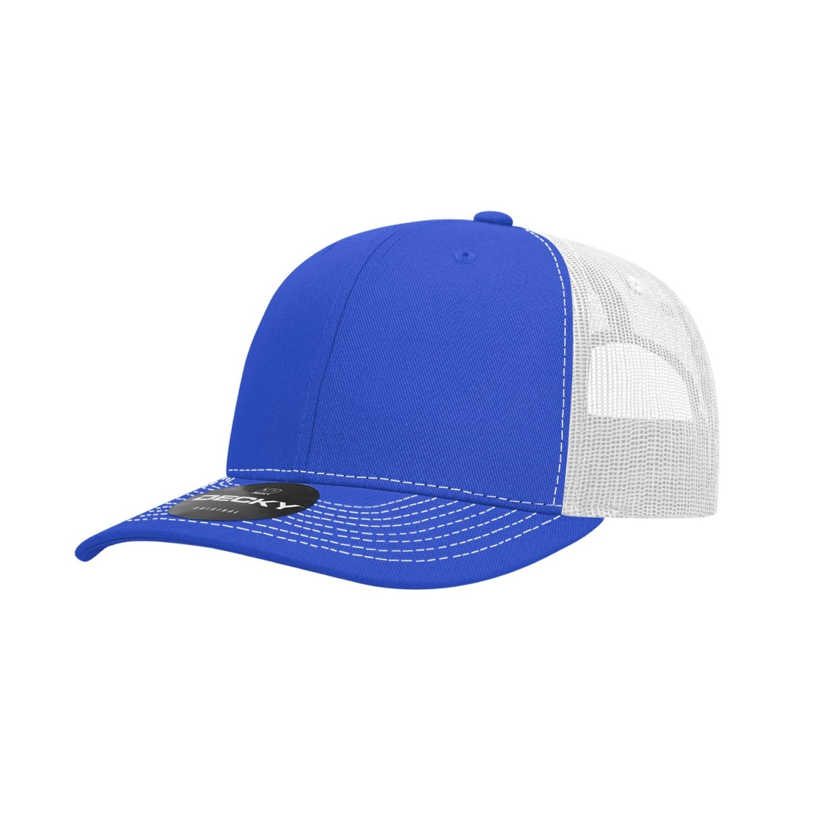 6031-4RYLWHT 6 Panel Mid Profile Structured Contra-Stitch Trucker Cap, Royal & White - One Size Fits Most