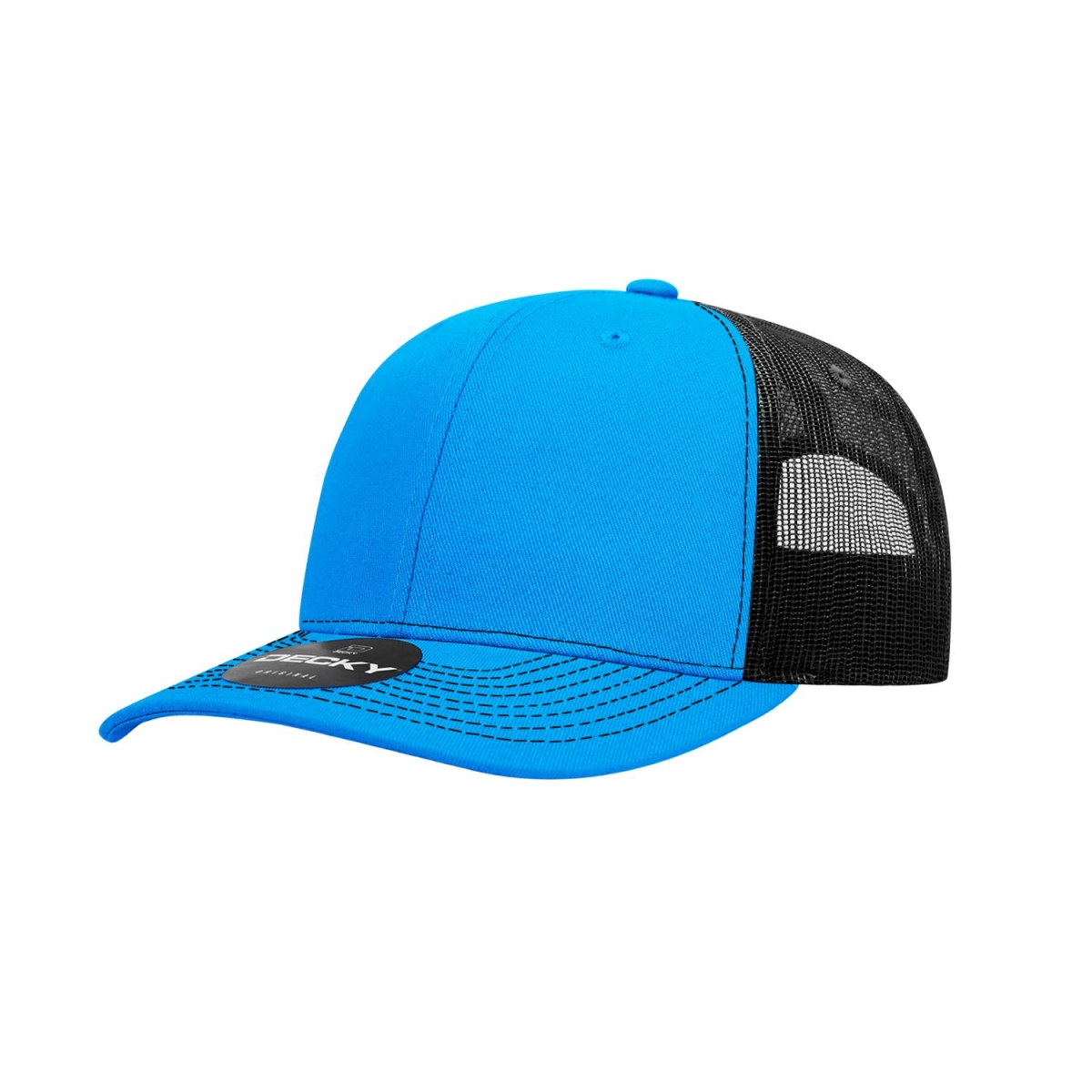 6031-4SKYBLK 6 Panel Mid Profile Structured Contra-Stitch Trucker Cap, Sky & Black - One Size Fits Most
