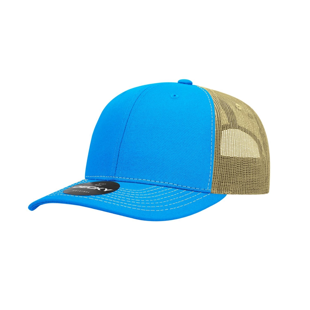 6031-4SKYKHA 6 Panel Mid Profile Structured Contra-Stitch Trucker Cap, Sky & Khaki - One Size Fits Most