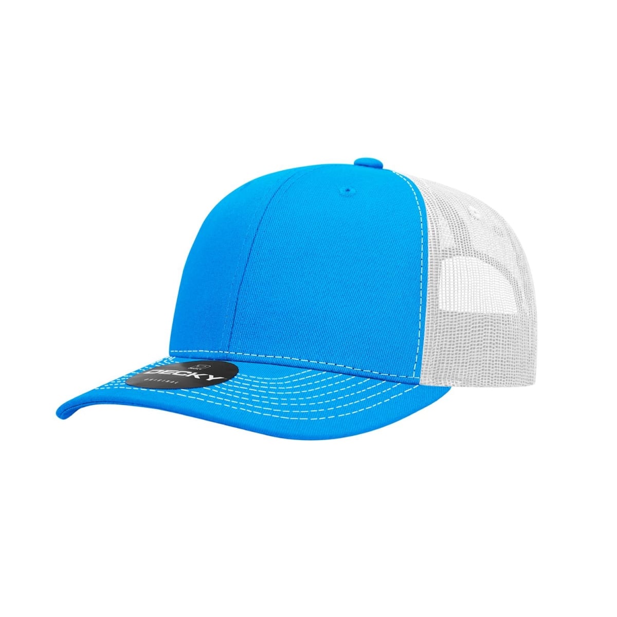6031-4SKYWHT 6 Panel Mid Profile Structured Contra-Stitch Trucker Cap, Sky & White - One Size Fits Most