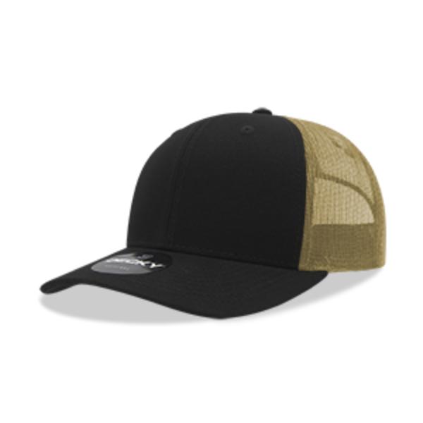 6021-4BLKVGLD 6 Panel Mid Profile Structured Cotton Blend Trucker Cap, Black & Vegas Gold - One Size Fits Most