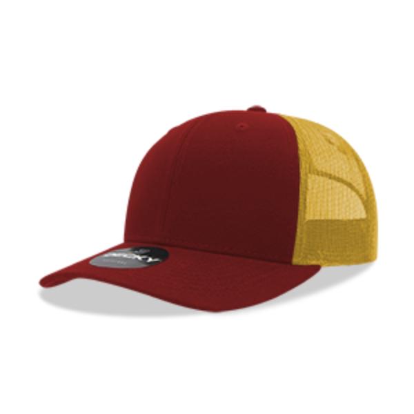 6021-4CARGLD 6 Panel Mid Profile Structured Cotton Blend Trucker Cap, Cardinal Red & Gold - One Size Fits Most