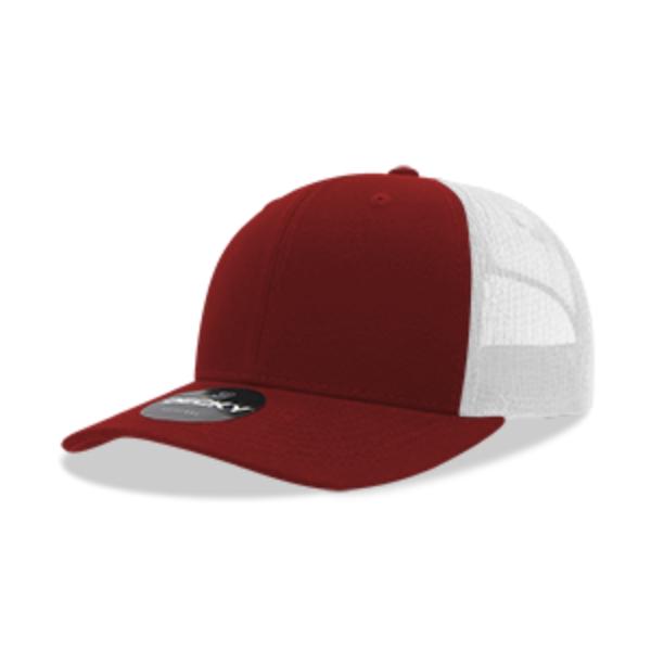 6021-4CARWHT 6 Panel Mid Profile Structured Cotton Blend Trucker Cap, Cardinal Red & White - One Size Fits Most
