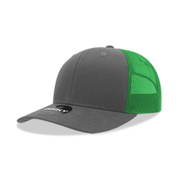 6021-4CHAKEL 6 Panel Mid Profile Structured Cotton Blend Trucker Cap, Charcoal & Kelly Green - One Size Fits Most