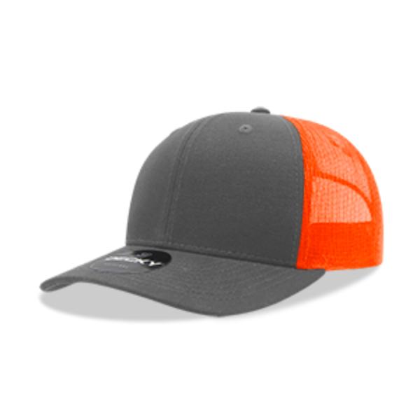 6021-4CHAORN 6 Panel Mid Profile Structured Cotton Blend Trucker Cap, Charcoal & Orange - One Size Fits Most