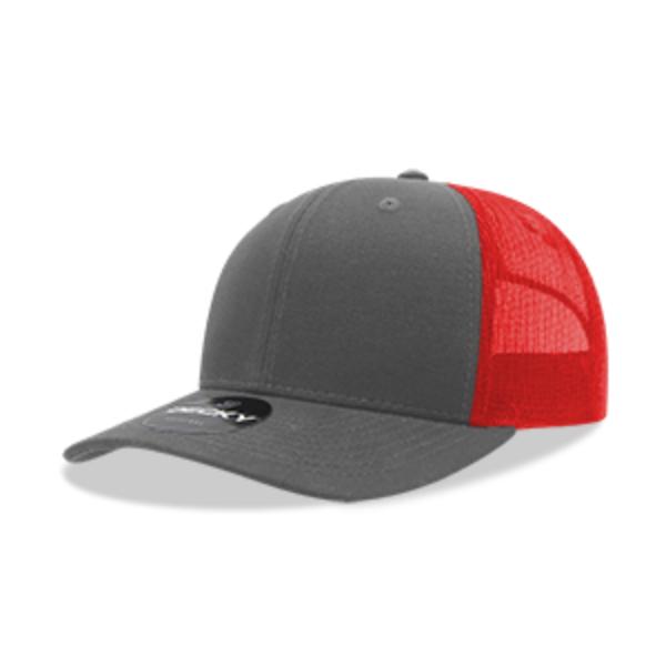 6021-4CHARED 6 Panel Mid Profile Structured Cotton Blend Trucker Cap, Charcoal & Red - One Size Fits Most