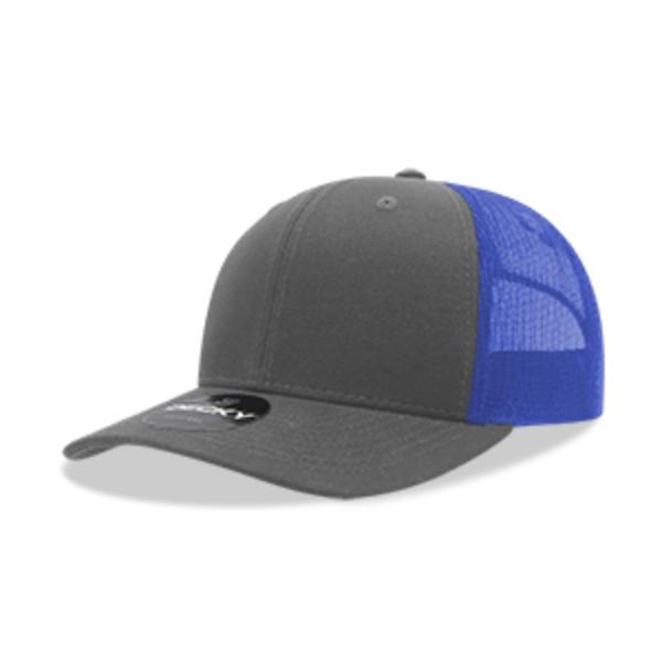 6021-4CHARYL 6 Panel Mid Profile Structured Cotton Blend Trucker Cap, Charcoal & Royal - One Size Fits Most