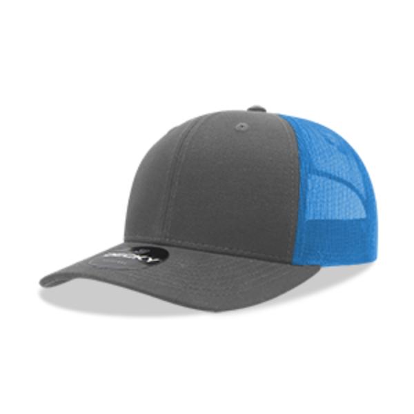 6021-4CHASKY 6 Panel Mid Profile Structured Cotton Blend Trucker Cap, Charcoal & Sky - One Size Fits Most