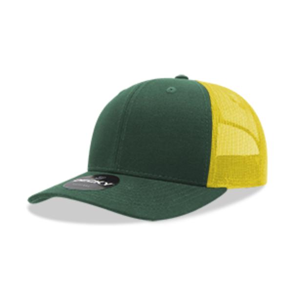 6021-4FORYEL 6 Panel Mid Profile Structured Cotton Blend Trucker Cap, Forest & Yellow - One Size Fits Most