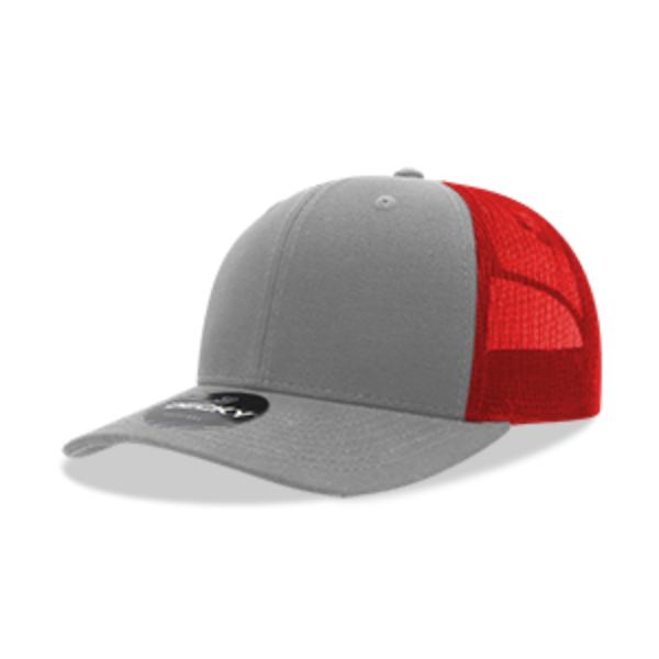 6021-4GRYRED 6 Panel Mid Profile Structured Cotton Blend Trucker Cap, Gray & Red - One Size Fits Most