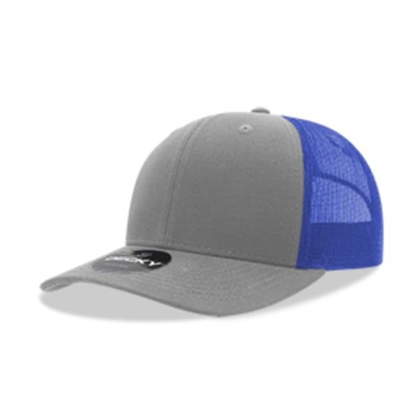 6021-4GRYRYL 6 Panel Mid Profile Structured Cotton Blend Trucker Cap, Gray & Royal - One Size Fits Most