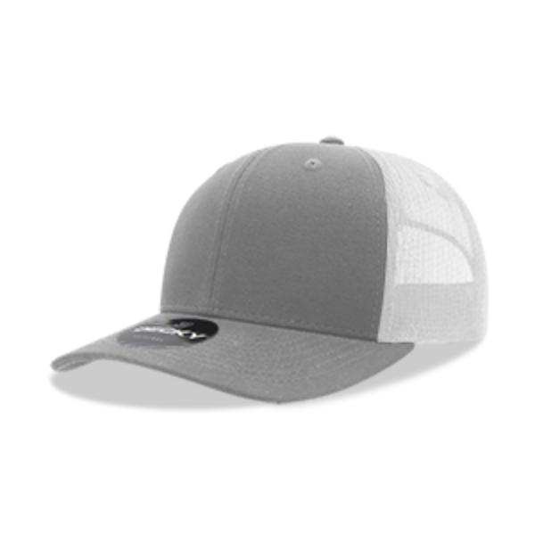 6021-4GRYWHT 6 Panel Mid Profile Structured Cotton Blend Trucker Cap, Gray & White - One Size Fits Most