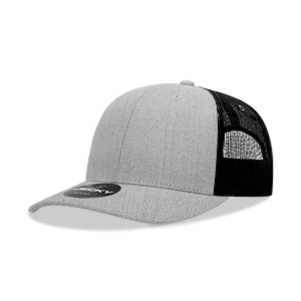 6021-4HGYBLK 6 Panel Mid Profile Structured Cotton Blend Trucker Cap, Heather Grey & Black - One Size Fits Most