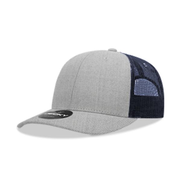 6021-4HGYNVY 6 Panel Mid Profile Structured Cotton Blend Trucker Cap, Heather Grey & Navy - One Size Fits Most