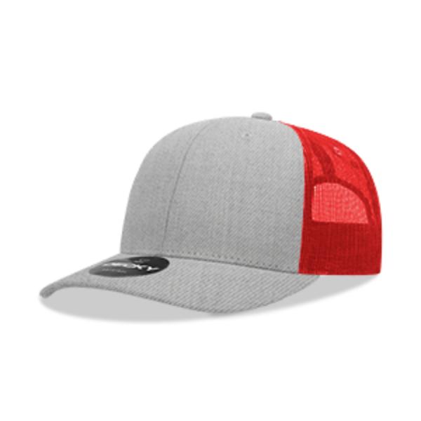 6021-4HGYRED 6 Panel Mid Profile Structured Cotton Blend Trucker Cap, Heather Grey & Red - One Size Fits Most