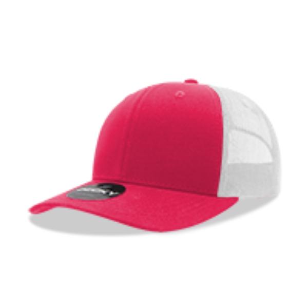 6021-4HPKWHT 6 Panel Mid Profile Structured Cotton Blend Trucker Cap, Hot Pink & White - One Size Fits Most