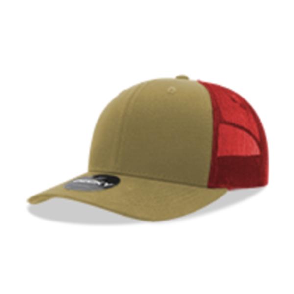 6021-4KHACAR 6 Panel Mid Profile Structured Cotton Blend Trucker Cap, Khaki & Cardinal Red - One Size Fits Most