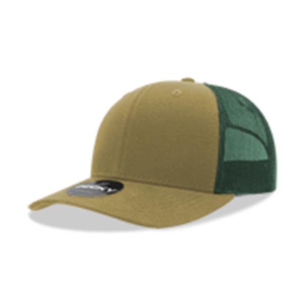 6021-4KHAFOR 6 Panel Mid Profile Structured Cotton Blend Trucker Cap, Khaki & Forest - One Size Fits Most