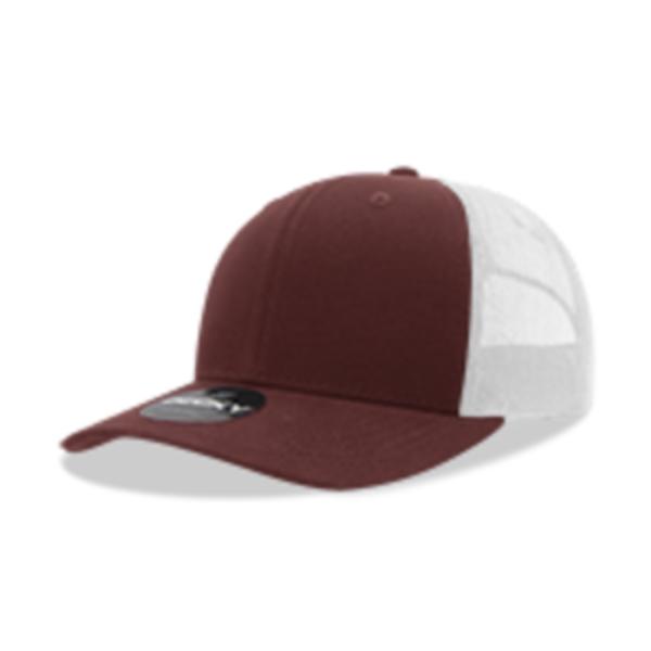 6021-4MARWHT 6 Panel Mid Profile Structured Cotton Blend Trucker Cap, Maroon & White - One Size Fits Most