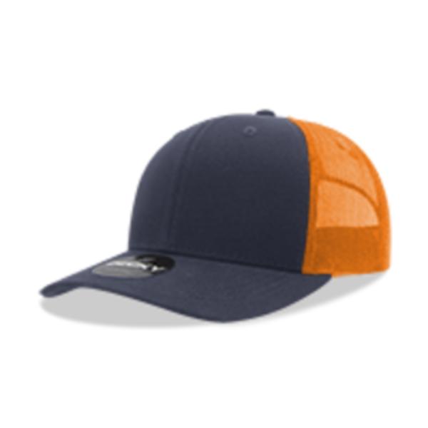 6021-4NVYORN 6 Panel Mid Profile Structured Cotton Blend Trucker Cap, Navy & Orange - One Size Fits Most