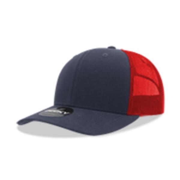 6021-4NVYRED 6 Panel Mid Profile Structured Cotton Blend Trucker Cap, Navy & Red - One Size Fits Most