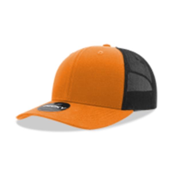6021-4ORNBLK 6 Panel Mid Profile Structured Cotton Blend Trucker Cap, Orange & Black - One Size Fits Most