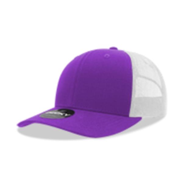 6021-4PURWHT 6 Panel Mid Profile Structured Cotton Blend Trucker Cap, Purple & White - One Size Fits Most