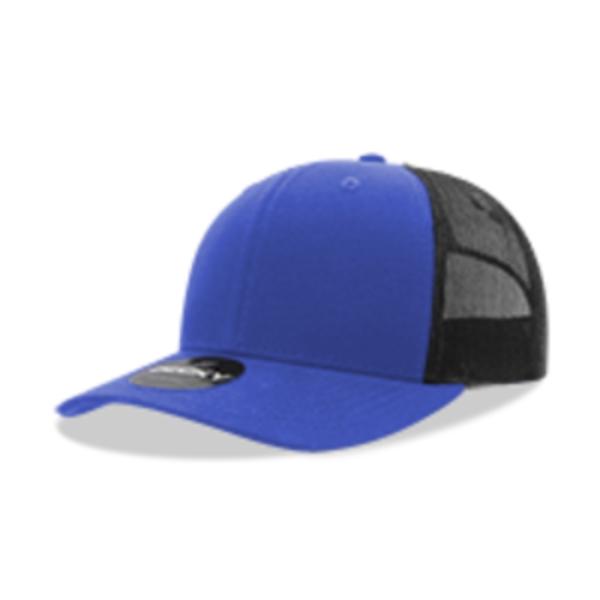 6021-4RYLBLK 6 Panel Mid Profile Structured Cotton Blend Trucker Cap, Royal & Black - One Size Fits Most