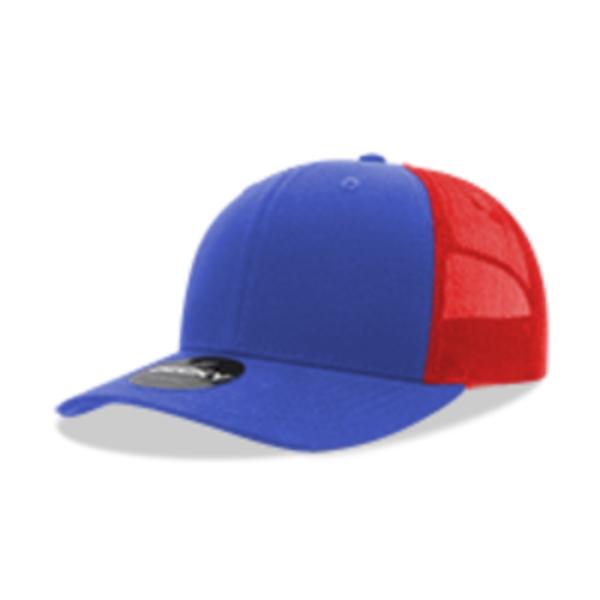 6021-4RYLRED 6 Panel Mid Profile Structured Cotton Blend Trucker Cap, Royal & Red - One Size Fits Most