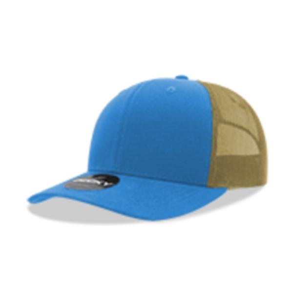 6021-4SKYKHA 6 Panel Mid Profile Structured Cotton Blend Trucker Cap, Sky & Khaki - One Size Fits Most